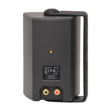 Rear view of the Adastra BC3-B black background speaker showing spec label, spring terminals, M6 mount socket and steel bracket on a white background.