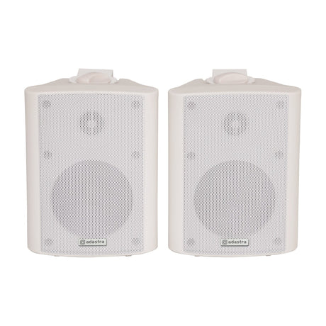 Adastra BC4-W pair of 4 inch white two-way background speakers with steel grilles and adjustable wall brackets, shown on a plain background.