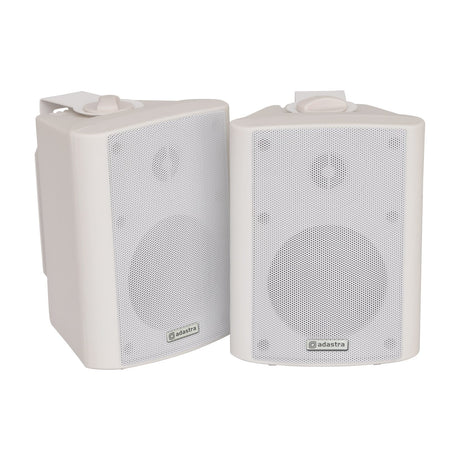 Adastra BC4-W 4 inch stereo background speakers in white, pair shown with steel grilles and adjustable wall brackets on a plain background.