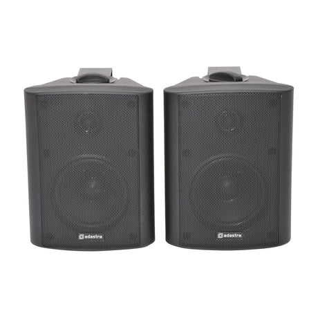 Adastra BC4-B 4 inch stereo background speakers pair in matt black with steel mesh grilles and top mounting brackets, on a plain white background.