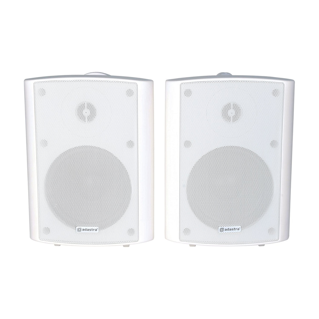 Adastra BC5-W 5.25" stereo background speakers in white, shown as a matched pair with steel grilles and ABS enclosures on a plain background.