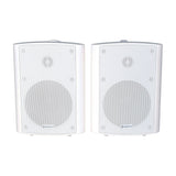 Adastra BC5-W 5.25" stereo background speakers in white, shown as a matched pair with steel grilles and ABS enclosures on a plain background.
