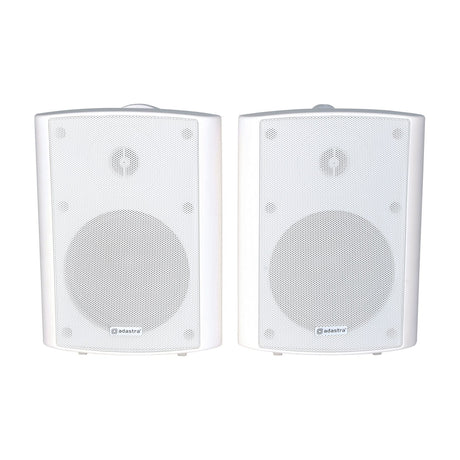 Adastra BC5-W 5.25" stereo background speakers in white, shown as a matched pair with steel grilles and ABS enclosures on a plain background.