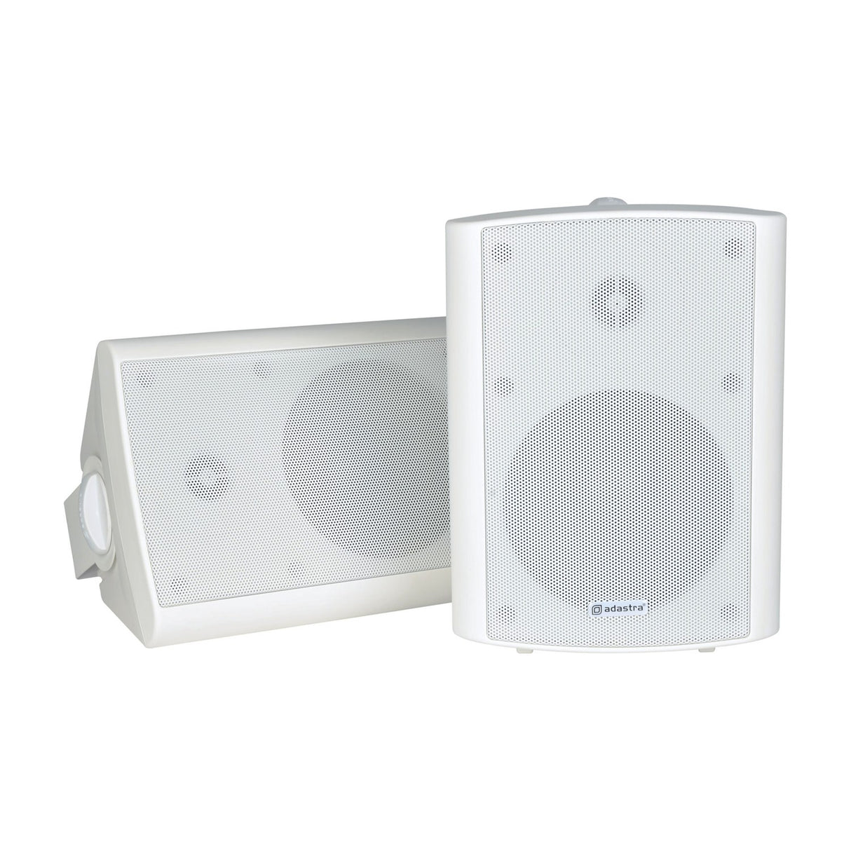 Adastra BC5-W 5.25" white commercial background speakers shown as a pair with steel grilles and ABS enclosures on a plain white background.