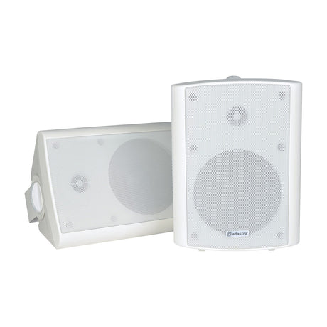Adastra BC5-W 5.25" white commercial background speakers shown as a pair with steel grilles and ABS enclosures on a plain white background.