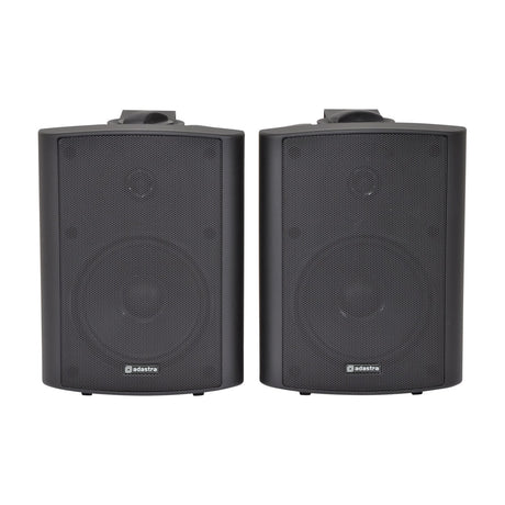 Adastra BC5-B 5.25" background speakers, matt black pair with steel mesh grilles and wall mount brackets, shown on a plain white background.