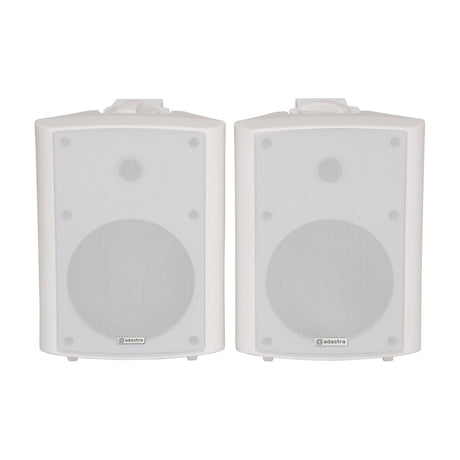 Pair of Adastra BC6-W 6.5" 2-way background speakers in white with steel grilles and wall brackets, shown on a plain white background.