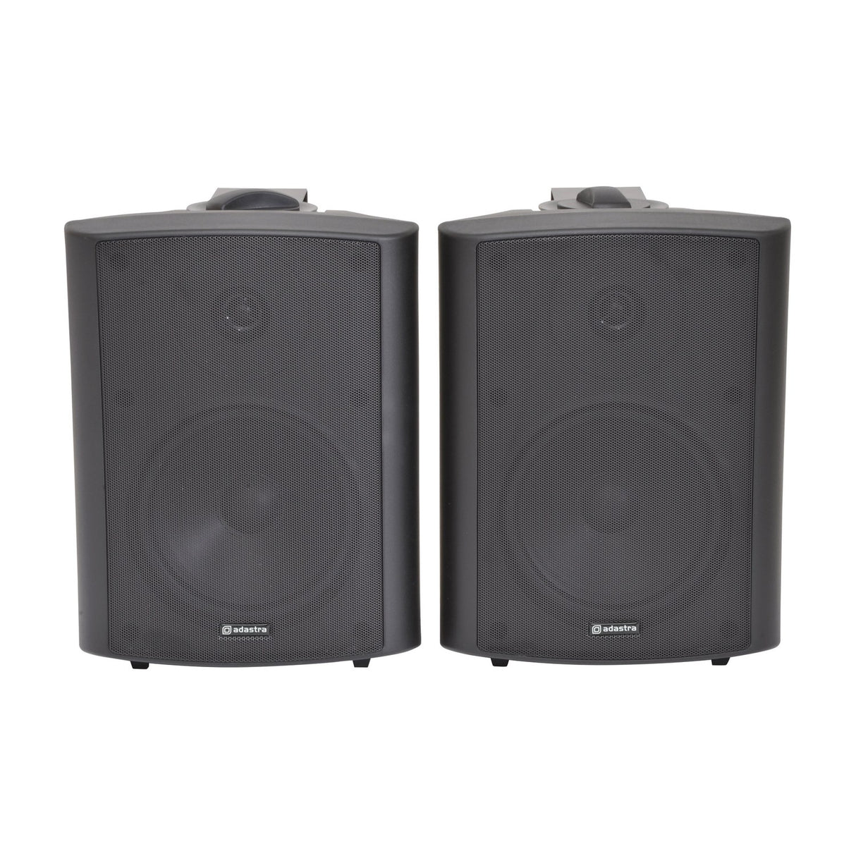 Pair of Adastra BC6-B 6.5in black stereo background speakers with matt ABS enclosures, steel grilles and adjustable wall brackets on a white background.