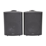 Pair of Adastra BC6-B 6.5in black stereo background speakers with matt ABS enclosures, steel grilles and adjustable wall brackets on a white background.
