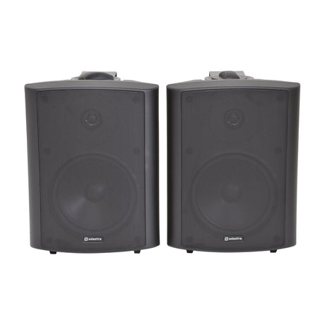 Pair of Adastra BC6-B 6.5in black stereo background speakers with matt ABS enclosures, steel grilles and adjustable wall brackets on a white background.