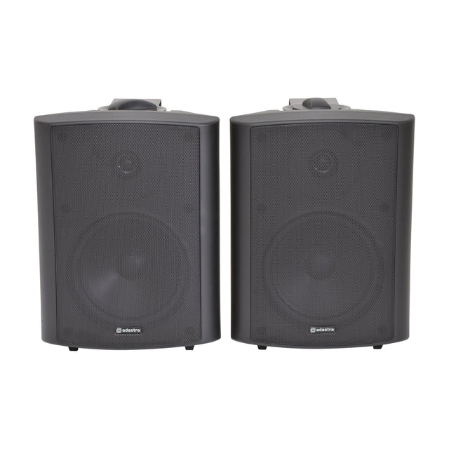 Pair of Adastra BC6-B 6.5in black stereo background speakers with matt ABS enclosures, steel grilles and adjustable wall brackets on a white background.