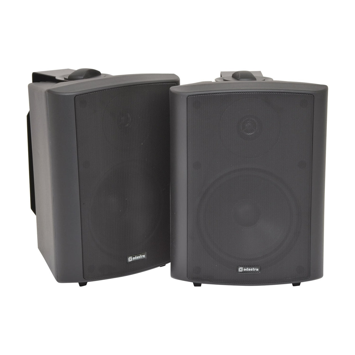 Pair of Adastra BC6-B 6.5in black stereo background speakers with mesh grilles and adjustable wall brackets, shown on a plain white background.