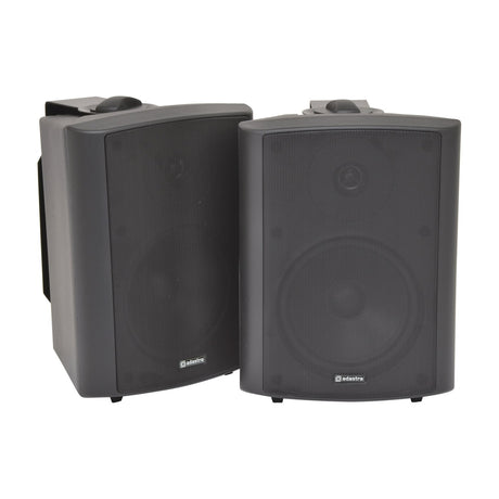 Pair of Adastra BC6-B 6.5in black stereo background speakers with mesh grilles and adjustable wall brackets, shown on a plain white background.
