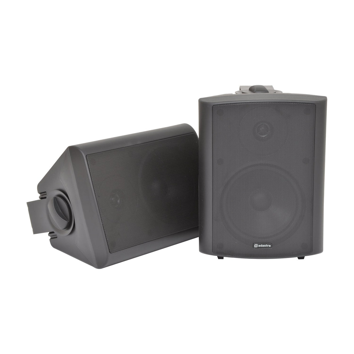 Adastra BC6-B 6.5in black stereo background speakers shown as a pair with matt black ABS casings, steel grilles and adjustable mounting brackets.