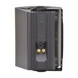 Rear view of Adastra BC6-B black background speaker showing ABS enclosure, steel wall bracket, spec label, and gold binding post terminals.