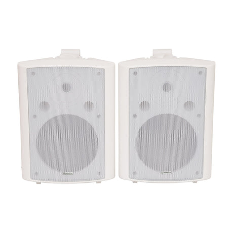 Adastra BC8-W 8inch stereo background speakers in white, shown as a matched pair with steel grilles and wall brackets on a plain background.