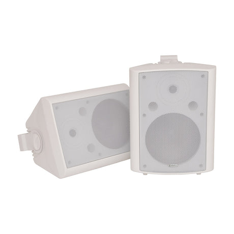 Adastra BC8-W 8inch stereo background speakers in white, shown as a matched pair with steel grilles and wall brackets on a plain background.