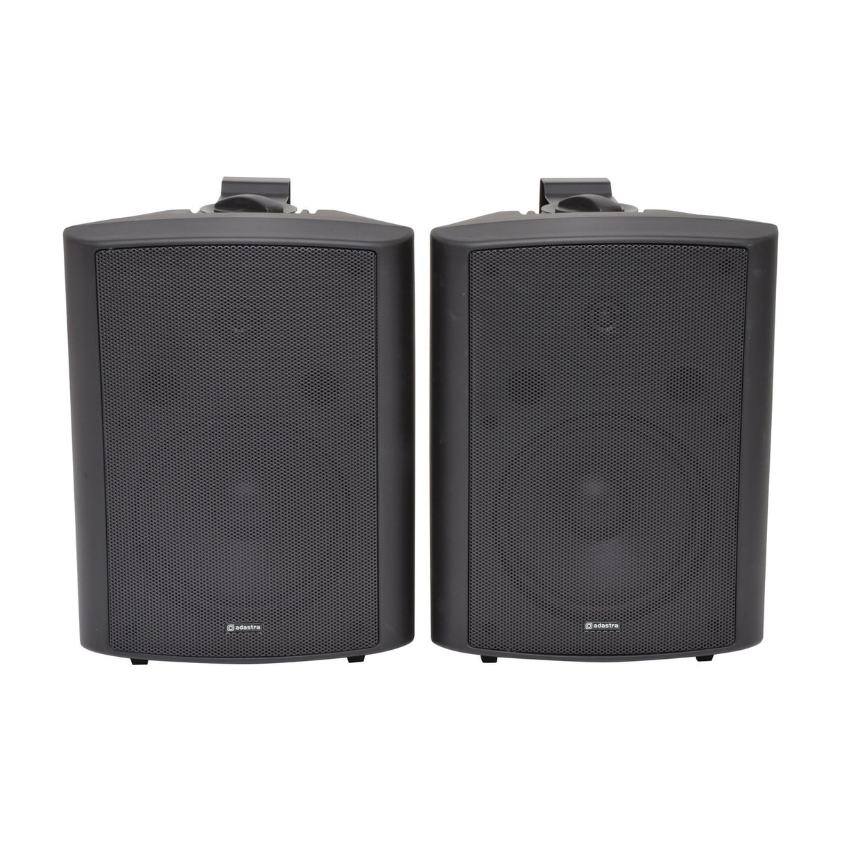 Adastra BC8-B pair of 8 inch black commercial background speakers with steel mesh grilles and wall brackets, shown on a plain white background.