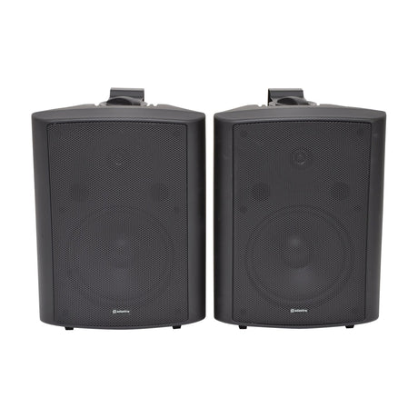 Adastra BC8-B pair of 8 inch black commercial background speakers with steel mesh grilles and wall brackets, shown on a plain white background.