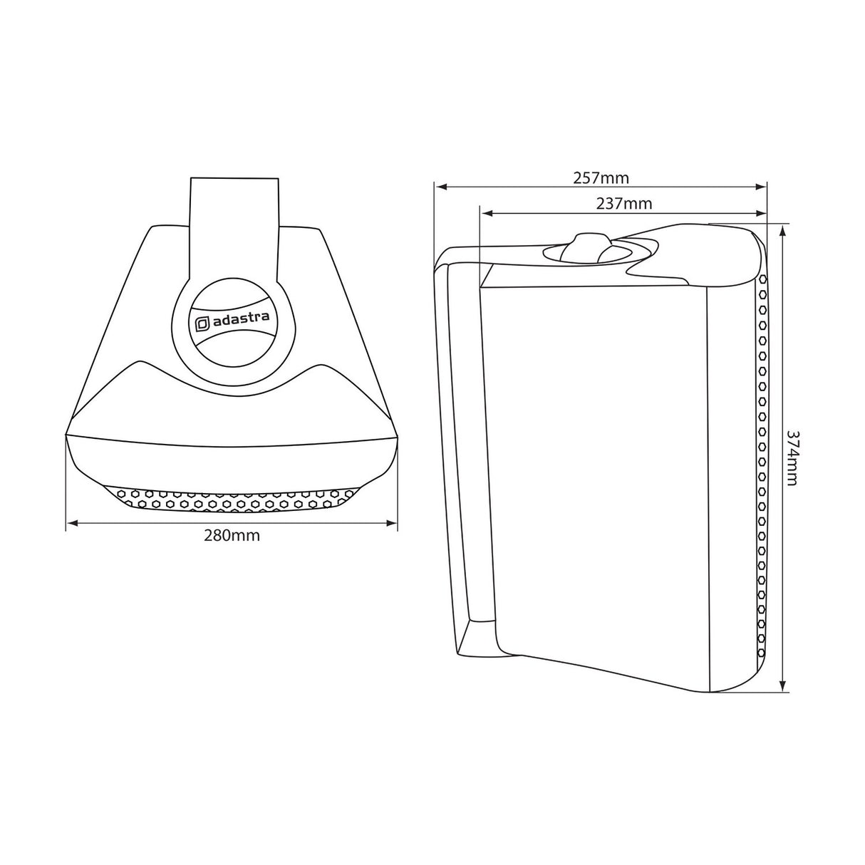 Dimensioned line drawing of the Adastra BC8-B 8 inch background speaker showing front and side views with 280mm, 374mm and 257mm measurements.