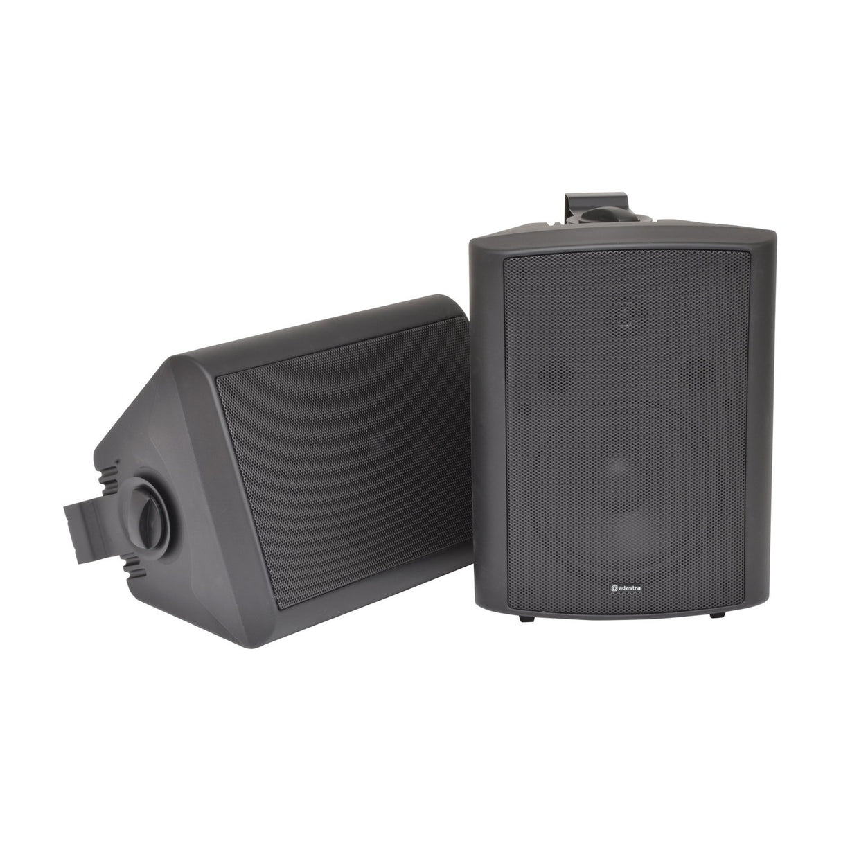 Pair of Adastra BC8-B 8 inch black background speakers with matt ABS enclosures, steel mesh grilles and mounting brackets, shown on a white background.