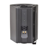 Rear view of the Adastra BC8-B black commercial speaker showing ribbed ABS casing, spec label, gold binding posts, and steel wall bracket.