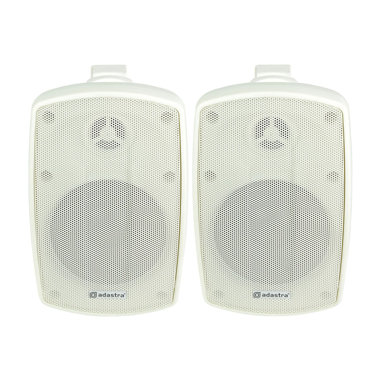 Pair of Adastra BH4-W white IP44 indoor/outdoor 2-way commercial speakers with mesh grilles and wall mount brackets, shown on a plain white background.