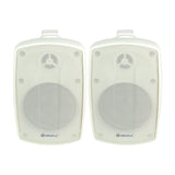 Pair of Adastra BH4-W white IP44 indoor/outdoor 2-way commercial speakers with mesh grilles and wall mount brackets, shown on a plain white background.