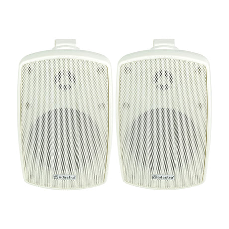 Pair of Adastra BH4-W white IP44 indoor/outdoor 2-way commercial speakers with mesh grilles and wall mount brackets, shown on a plain white background.