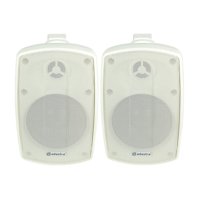 Pair of Adastra BH4-W white IP44 indoor/outdoor 2-way commercial speakers with mesh grilles and wall mount brackets, shown on a plain white background.