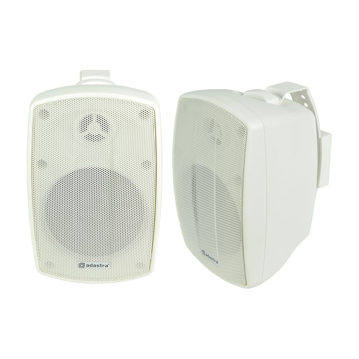Adastra BH4-W IP44 indoor/outdoor commercial speakers in white, shown as a pair with wall mount brackets on a plain background.