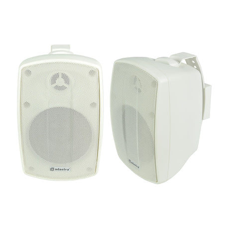 Adastra BH4-W IP44 indoor/outdoor commercial speakers in white, shown as a pair with wall mount brackets on a plain background.