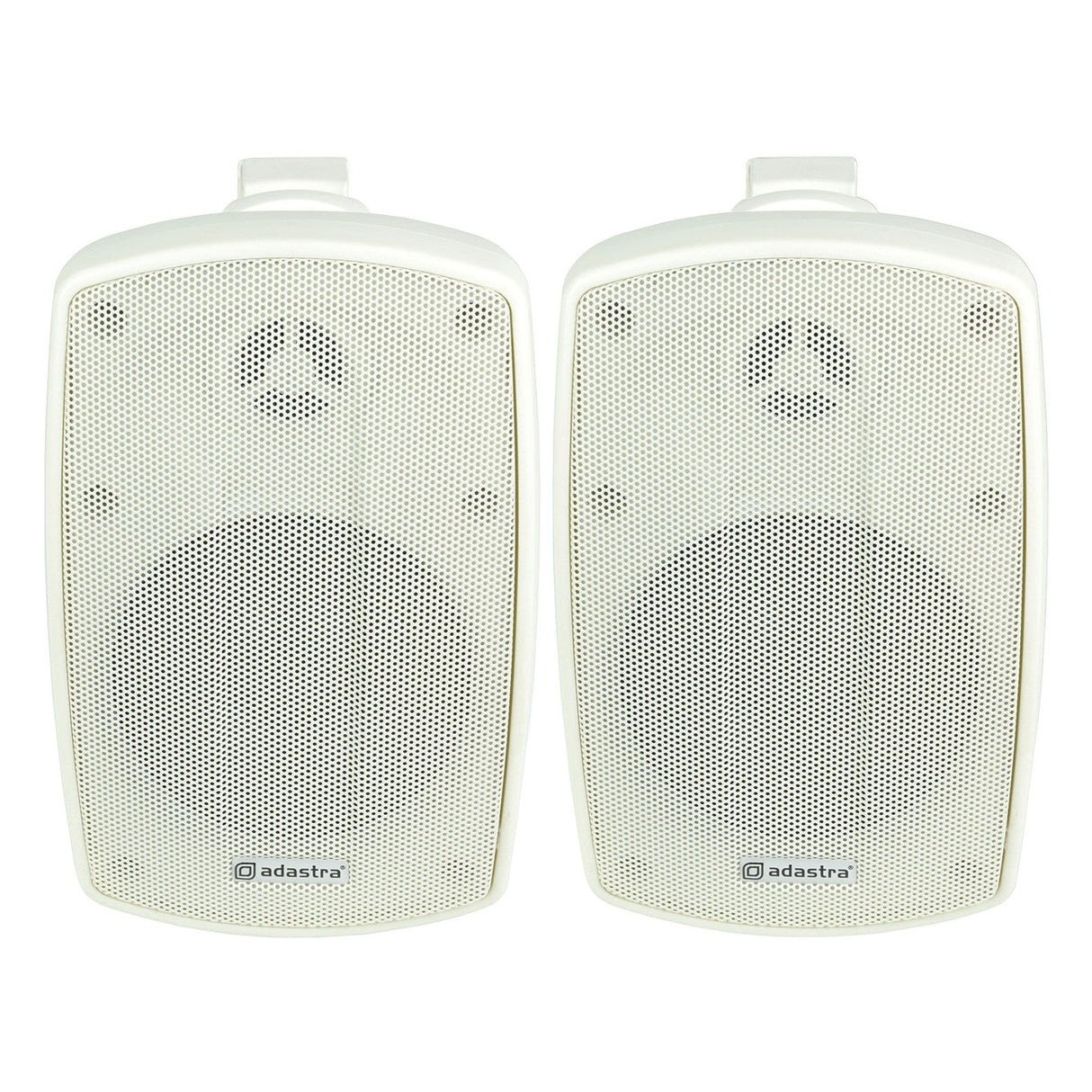 Two Adastra BH4 4" 60W speakers in white are showcased side by side against a plain background. These speakers, featuring a mesh grille with the Adastra logo at the bottom, are IP44 rated for weather resistance, making them ideal for enjoying music both indoors and outdoors.