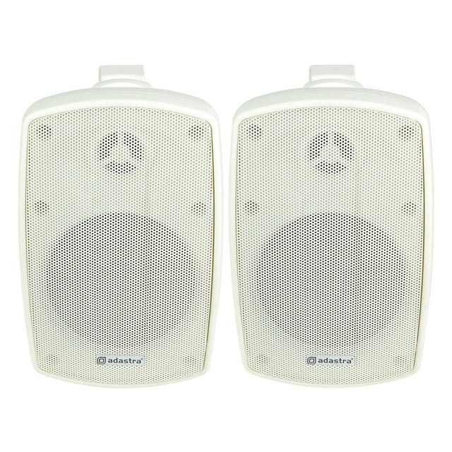 Two Adastra BH4 4" 60W speakers in white are showcased side by side against a plain background. These speakers, featuring a mesh grille with the Adastra logo at the bottom, are IP44 rated for weather resistance, making them ideal for enjoying music both indoors and outdoors.