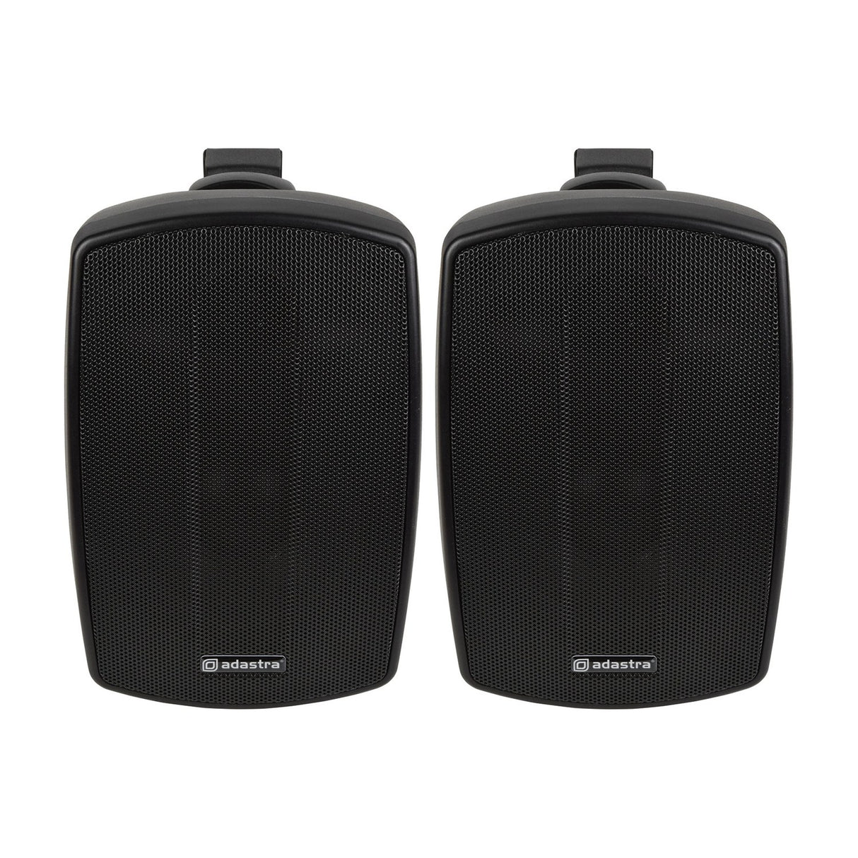Pair of Adastra BH4-B matt black indoor/outdoor background speakers with mesh grilles and wall mounting brackets, shown on a plain white background.