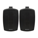 Pair of Adastra BH4-B matt black indoor/outdoor background speakers with mesh grilles and wall mounting brackets, shown on a plain white background.