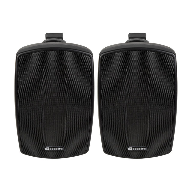 Pair of Adastra BH4-B matt black indoor/outdoor background speakers with mesh grilles and wall mounting brackets, shown on a plain white background.