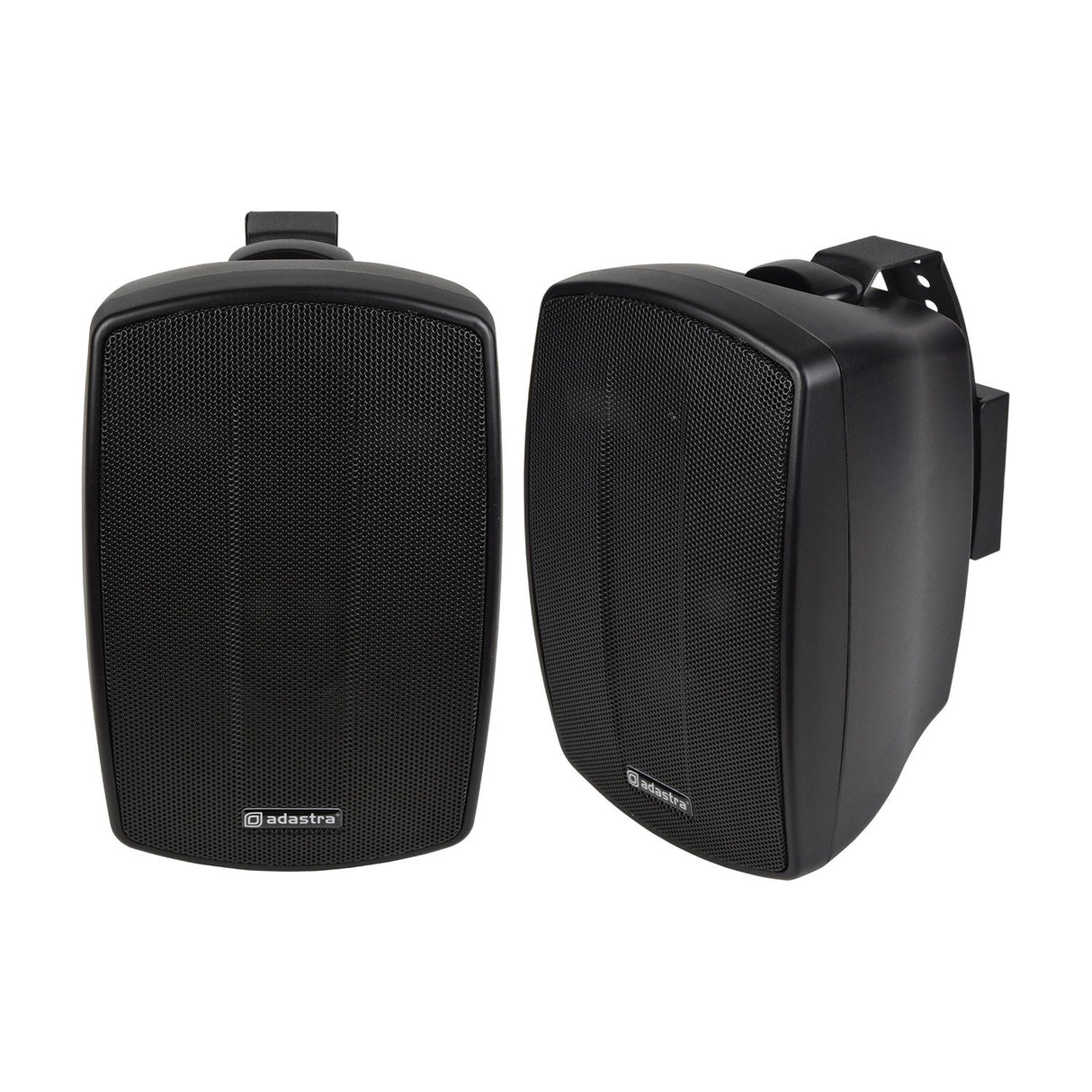 Adastra BH4-B matt black indoor/outdoor background speakers shown as a pair with mesh grilles and wall mounting brackets on a white background.