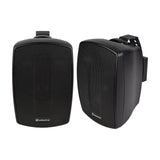 Adastra BH4-B matt black indoor/outdoor background speakers shown as a pair with mesh grilles and wall mounting brackets on a white background.