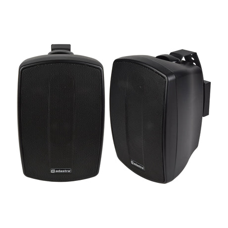 Adastra BH4-B matt black indoor/outdoor background speakers shown as a pair with mesh grilles and wall mounting brackets on a white background.