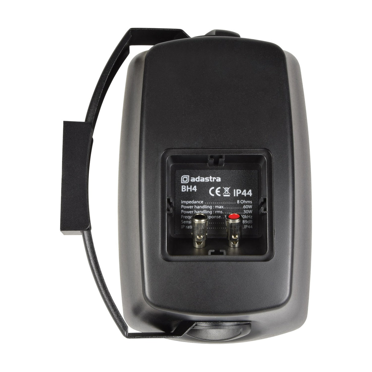 Rear view of the Adastra BH4-B matt black indoor/outdoor background speaker showing IP44 spec label, spring terminal connections and wall mounting bracket.
