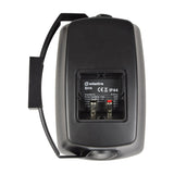 Rear view of the Adastra BH4-B matt black indoor/outdoor background speaker showing IP44 spec label, spring terminal connections and wall mounting bracket.