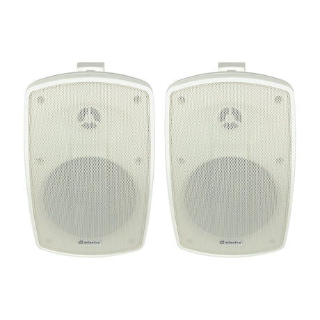 Pair of Adastra BH5-W white IP44 indoor/outdoor wall speakers with mesh grilles and mounting brackets, shown on a plain white background.