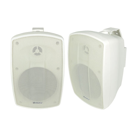 Pair of Adastra BH5-W white IP44 indoor/outdoor commercial speakers with mesh grilles and pan and tilt wall brackets, shown on a plain white background.