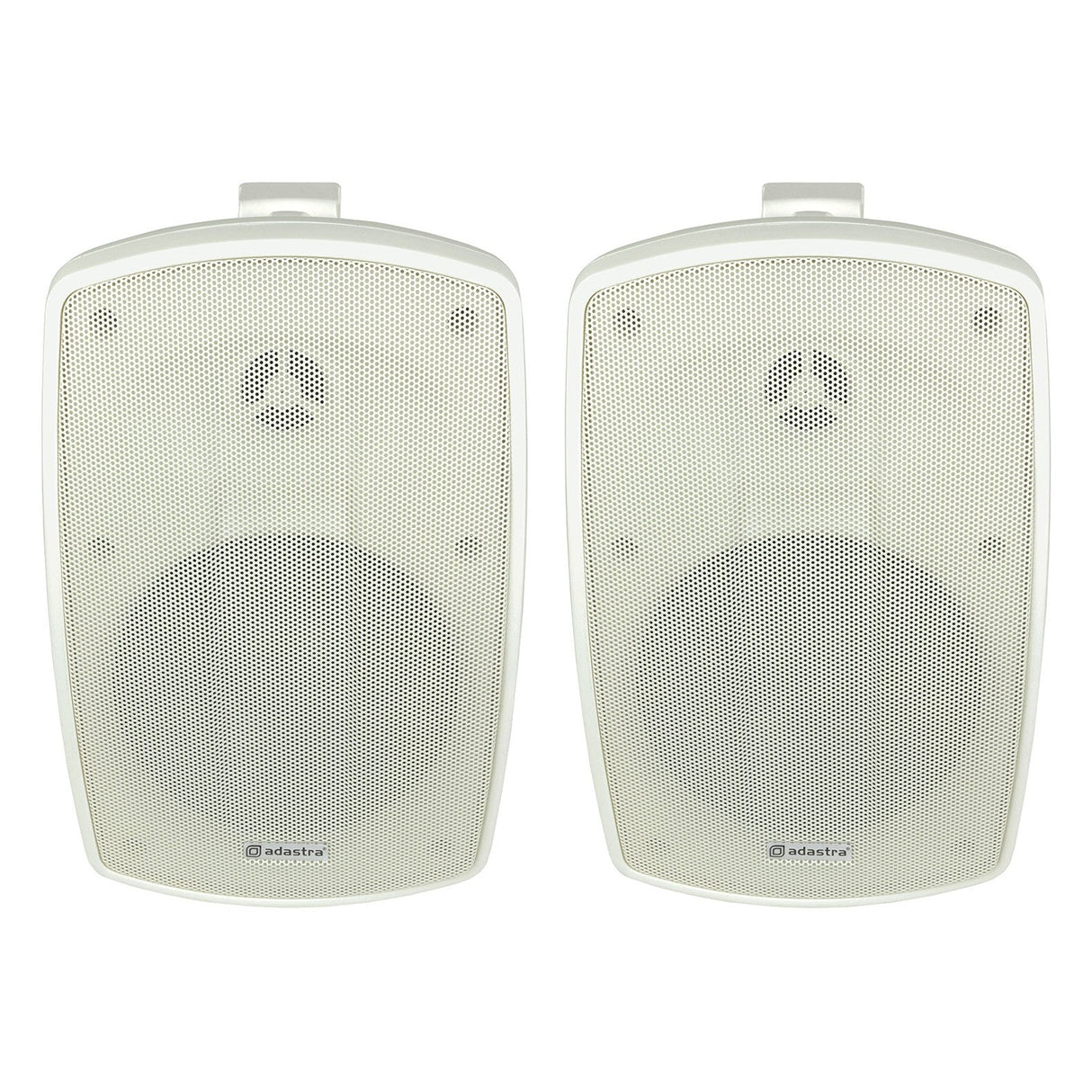 The Adastra BH5 5.25" 100W speakers in white feature a wall-mounted design with a mesh grille, each adorned with a circular logo and brand name at the bottom. These weather-resistant speakers, identical and positioned side by side against a plain background, are perfect for delivering indoor or outdoor background music.