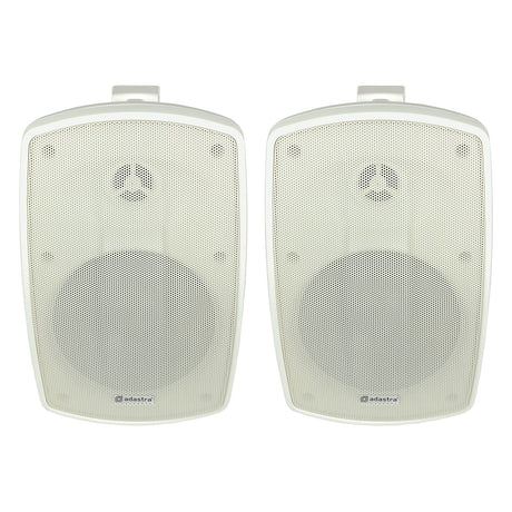 The Adastra BH5 5.25" 100W speakers in white feature a wall-mounted design with a mesh grille, each adorned with a circular logo and brand name at the bottom. These weather-resistant speakers, identical and positioned side by side against a plain background, are perfect for delivering indoor or outdoor background music.