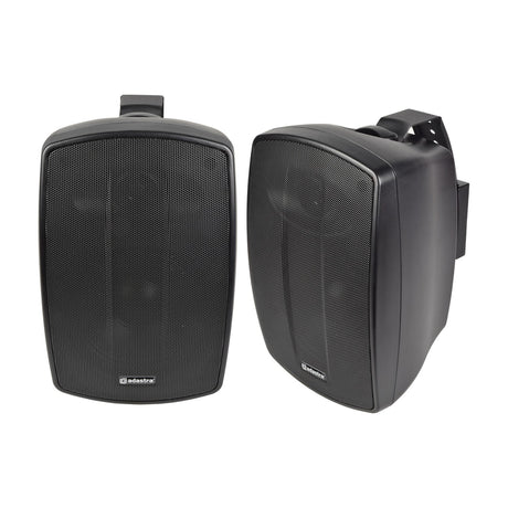 Adastra BH5-B matt black indoor/outdoor background speaker pair with mesh grilles and wall mounting brackets, shown front and side on a white background.