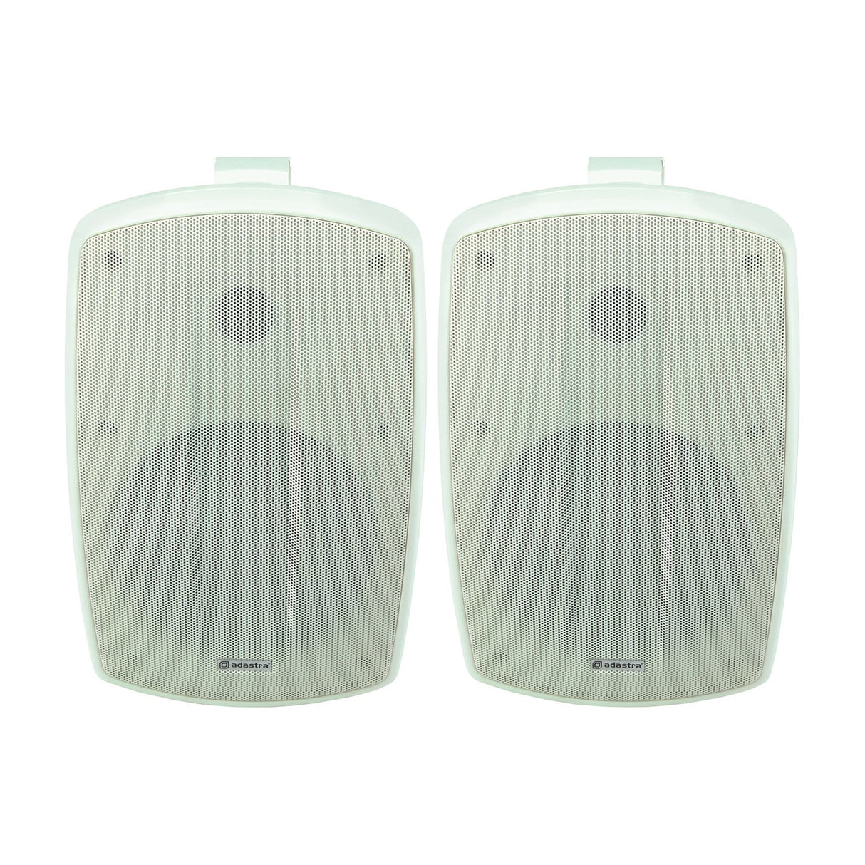 Pair of Adastra BH6-W white IP44 indoor/outdoor commercial speakers with mesh grilles and wall brackets, shown on a plain background.