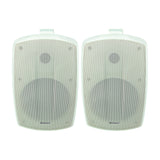 Pair of Adastra BH6-W white IP44 indoor/outdoor commercial speakers with mesh grilles and wall brackets, shown on a plain background.