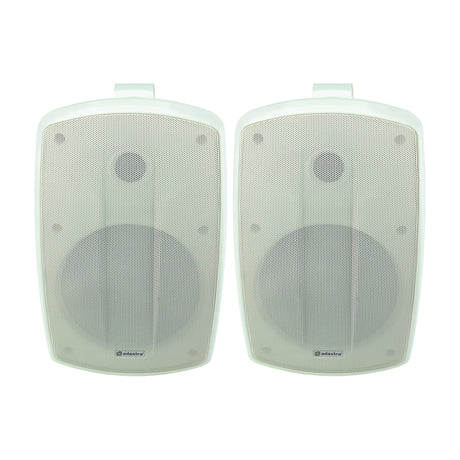 Pair of Adastra BH6-W white IP44 indoor/outdoor commercial speakers with mesh grilles and wall brackets, shown on a plain background.